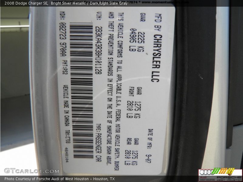 Bright Silver Metallic / Dark/Light Slate Gray 2008 Dodge Charger SE