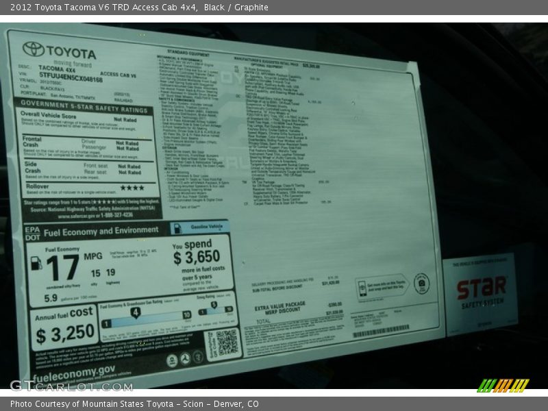 Black / Graphite 2012 Toyota Tacoma V6 TRD Access Cab 4x4