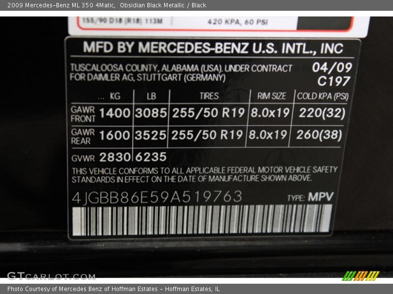 Obsidian Black Metallic / Black 2009 Mercedes-Benz ML 350 4Matic
