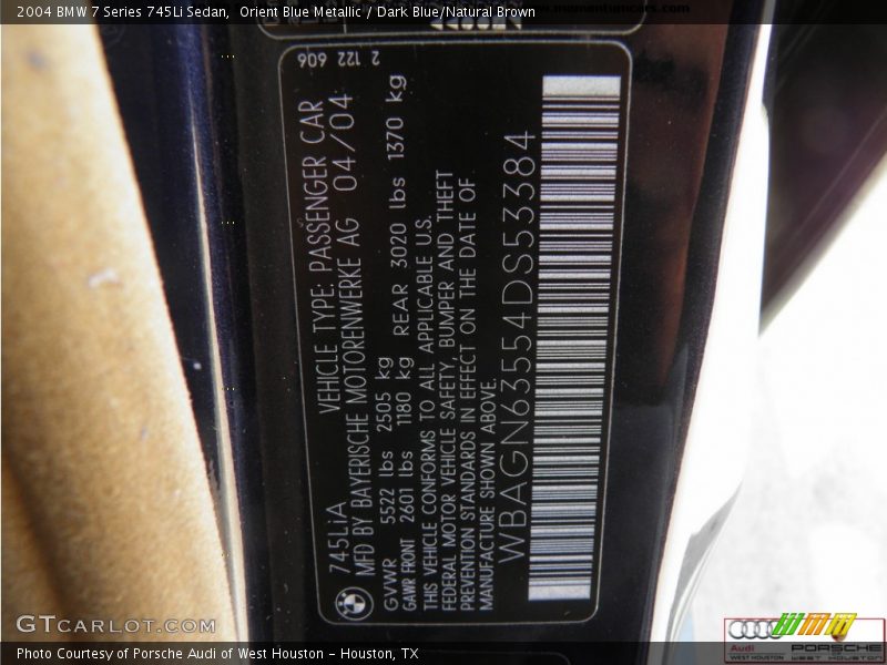 Orient Blue Metallic / Dark Blue/Natural Brown 2004 BMW 7 Series 745Li Sedan