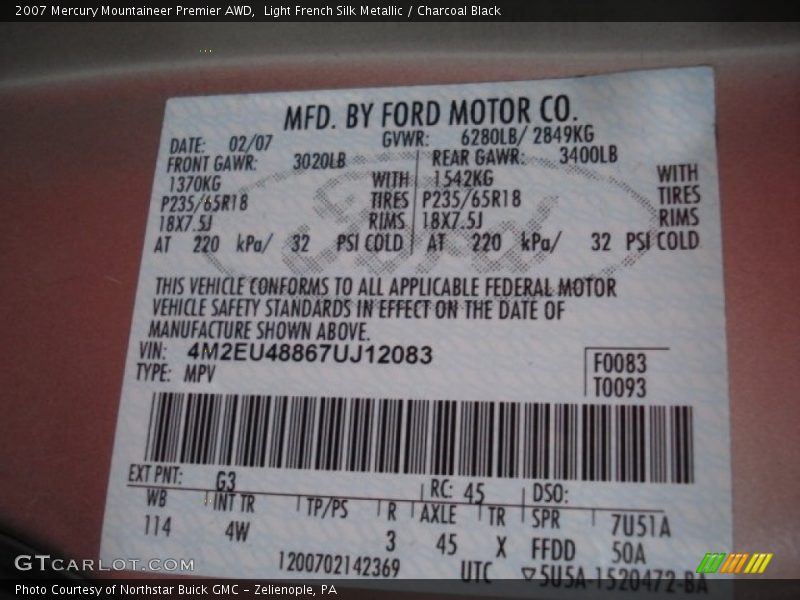 2007 Mountaineer Premier AWD Light French Silk Metallic Color Code G3