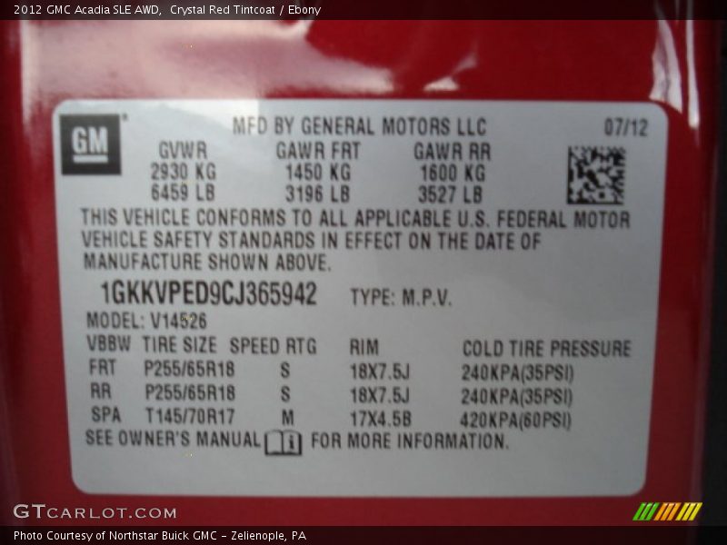 Crystal Red Tintcoat / Ebony 2012 GMC Acadia SLE AWD