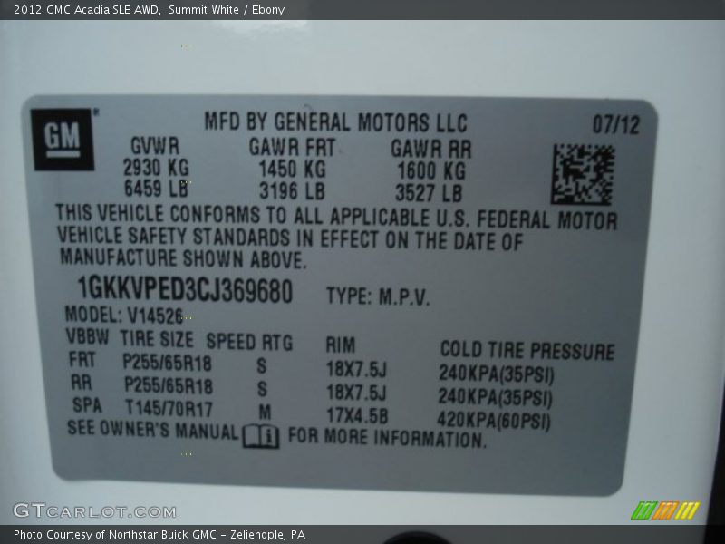 Summit White / Ebony 2012 GMC Acadia SLE AWD