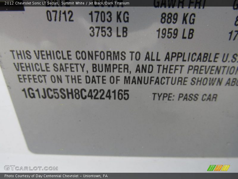 Summit White / Jet Black/Dark Titanium 2012 Chevrolet Sonic LT Sedan