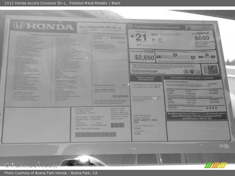 Polished Metal Metallic / Black 2012 Honda Accord Crosstour EX-L