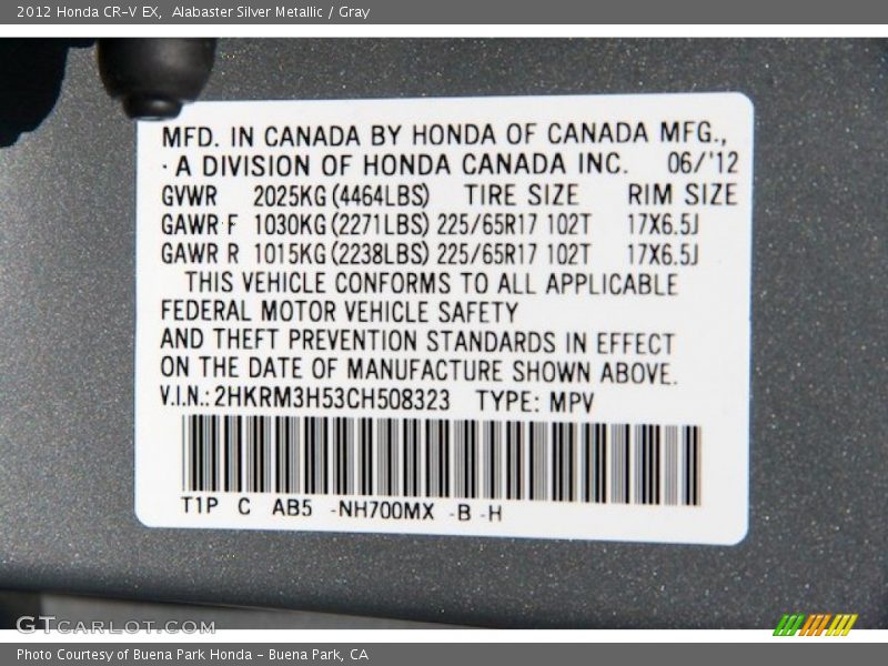 Alabaster Silver Metallic / Gray 2012 Honda CR-V EX
