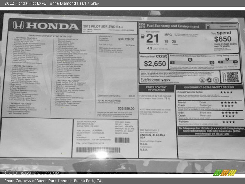 White Diamond Pearl / Gray 2012 Honda Pilot EX-L