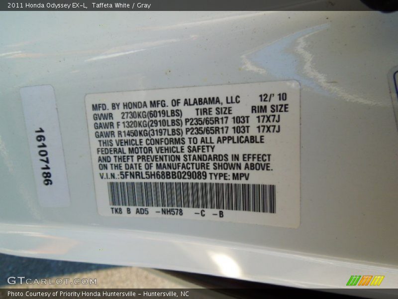 Taffeta White / Gray 2011 Honda Odyssey EX-L