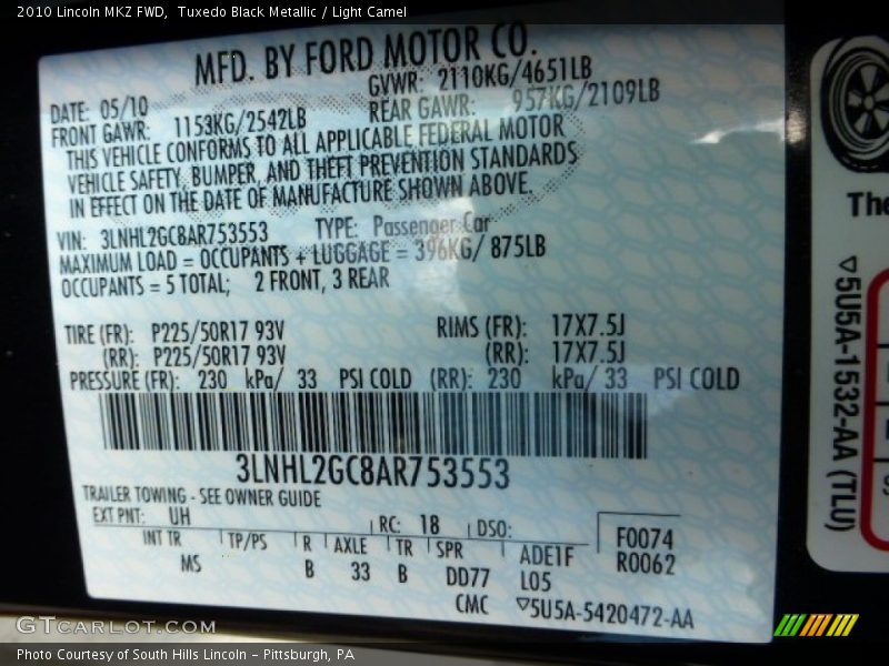 Tuxedo Black Metallic / Light Camel 2010 Lincoln MKZ FWD