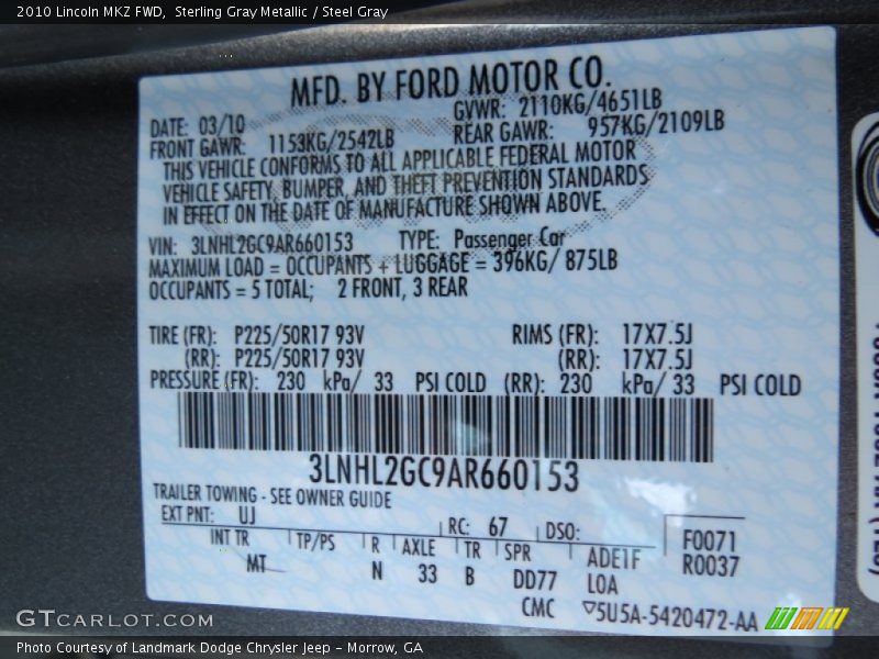 Sterling Gray Metallic / Steel Gray 2010 Lincoln MKZ FWD