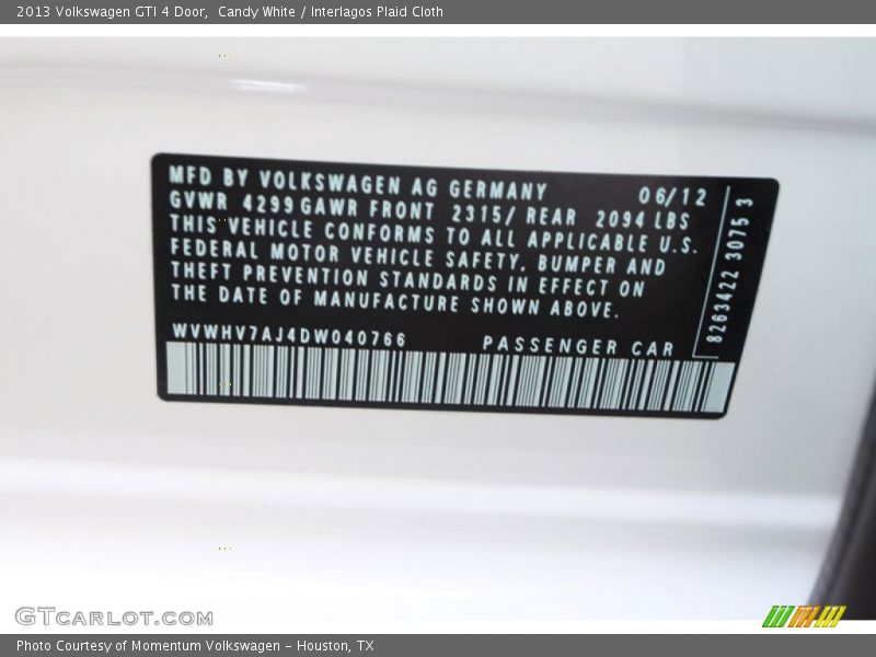 Candy White / Interlagos Plaid Cloth 2013 Volkswagen GTI 4 Door