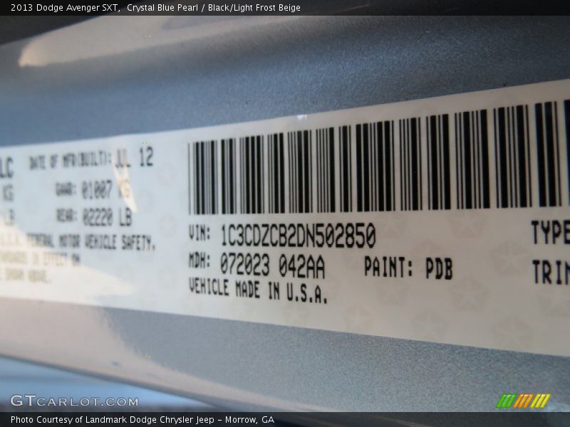 Crystal Blue Pearl / Black/Light Frost Beige 2013 Dodge Avenger SXT