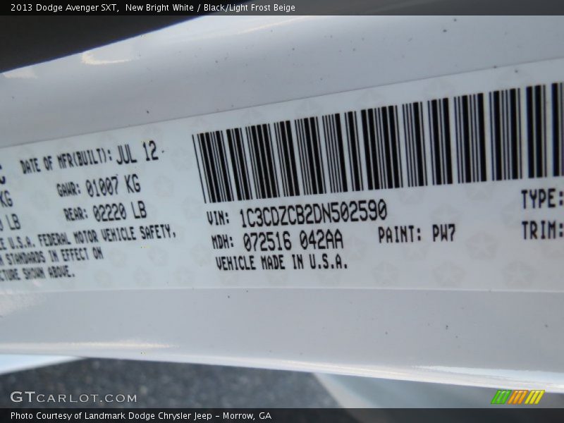 2013 Avenger SXT New Bright White Color Code PW7