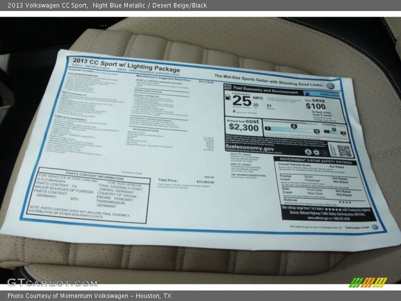 Night Blue Metallic / Desert Beige/Black 2013 Volkswagen CC Sport