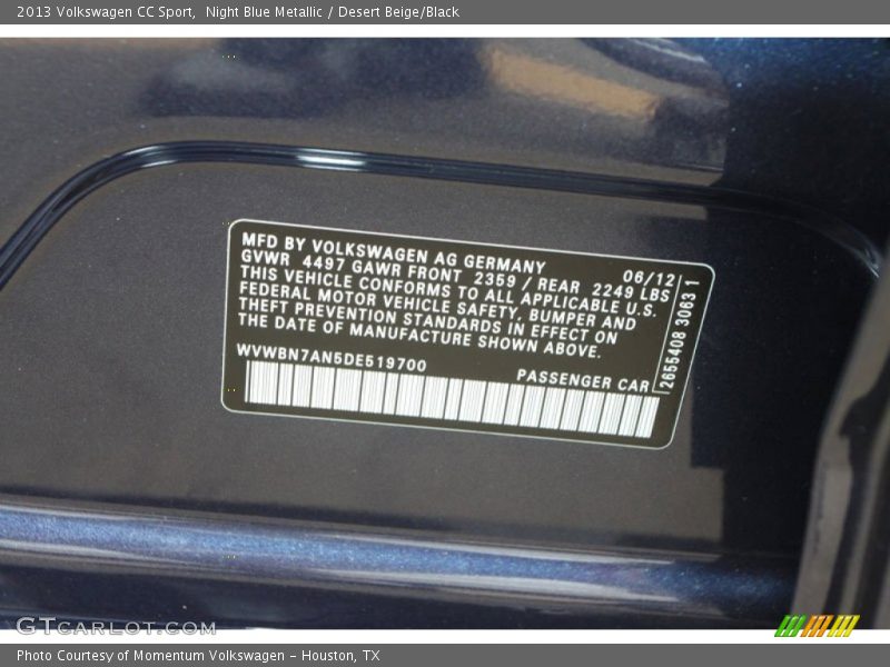 Night Blue Metallic / Desert Beige/Black 2013 Volkswagen CC Sport