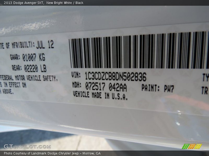 2013 Avenger SXT New Bright White Color Code PW7