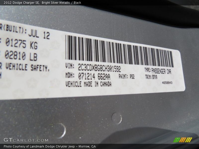 Bright Silver Metallic / Black 2012 Dodge Charger SE