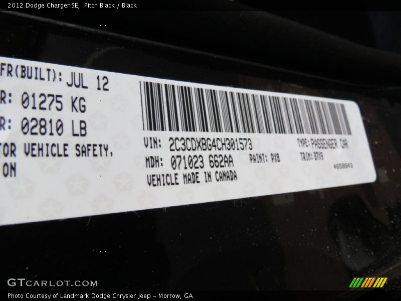 Pitch Black / Black 2012 Dodge Charger SE