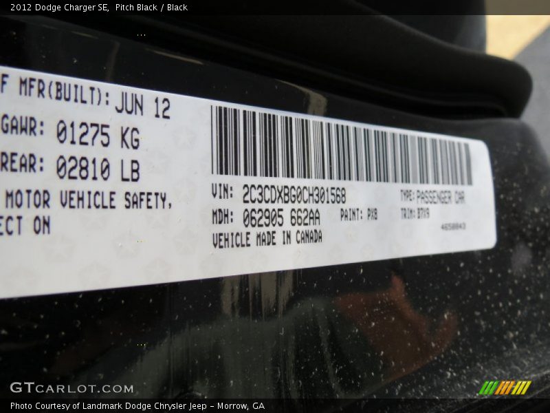 Pitch Black / Black 2012 Dodge Charger SE