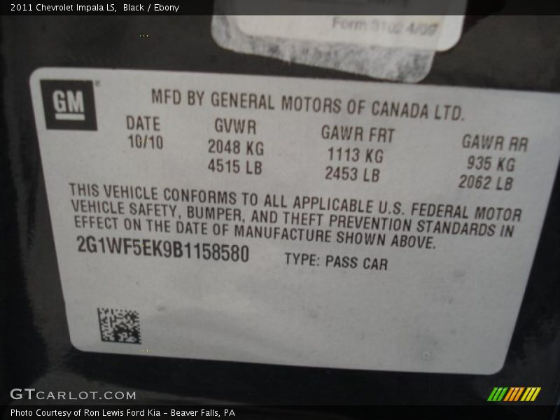Black / Ebony 2011 Chevrolet Impala LS
