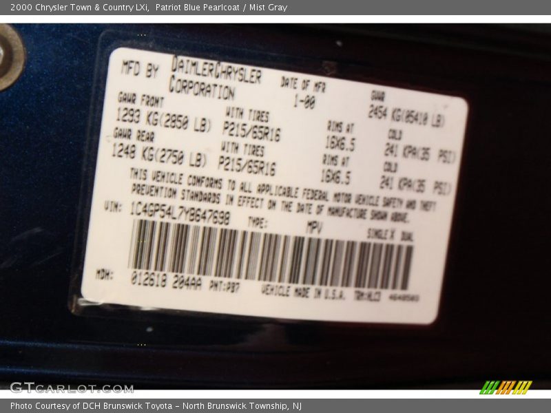 Patriot Blue Pearlcoat / Mist Gray 2000 Chrysler Town & Country LXi