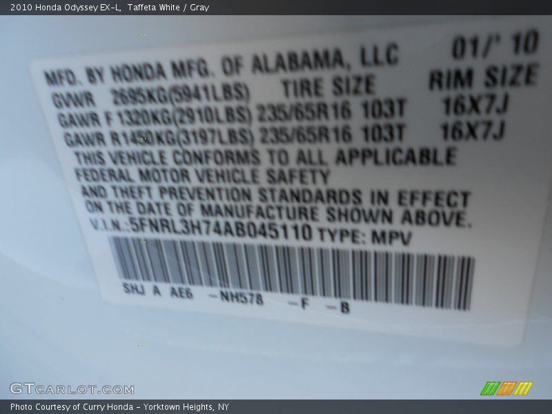 Taffeta White / Gray 2010 Honda Odyssey EX-L