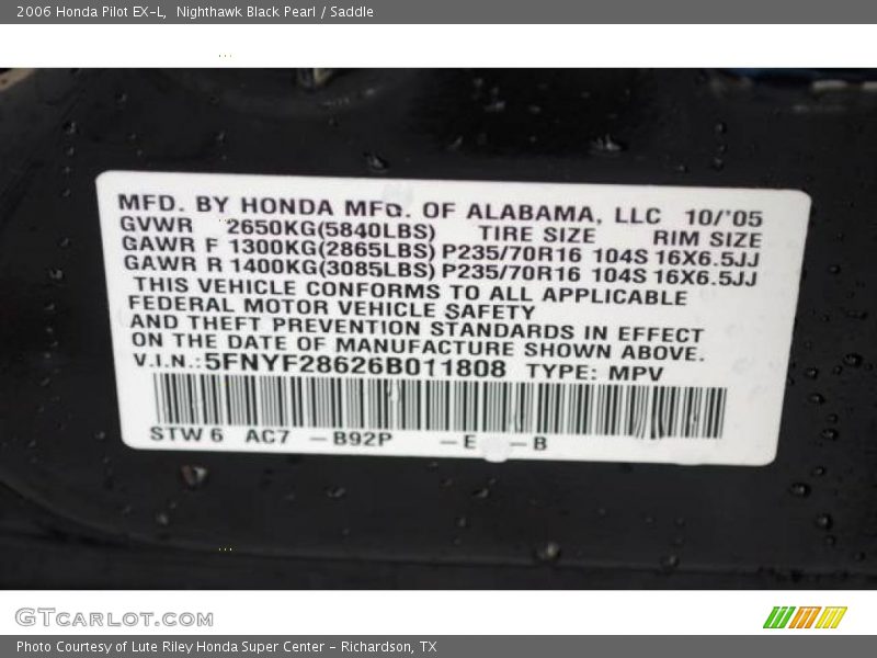 Nighthawk Black Pearl / Saddle 2006 Honda Pilot EX-L