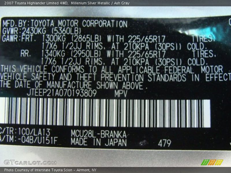 Millenium Silver Metallic / Ash Gray 2007 Toyota Highlander Limited 4WD