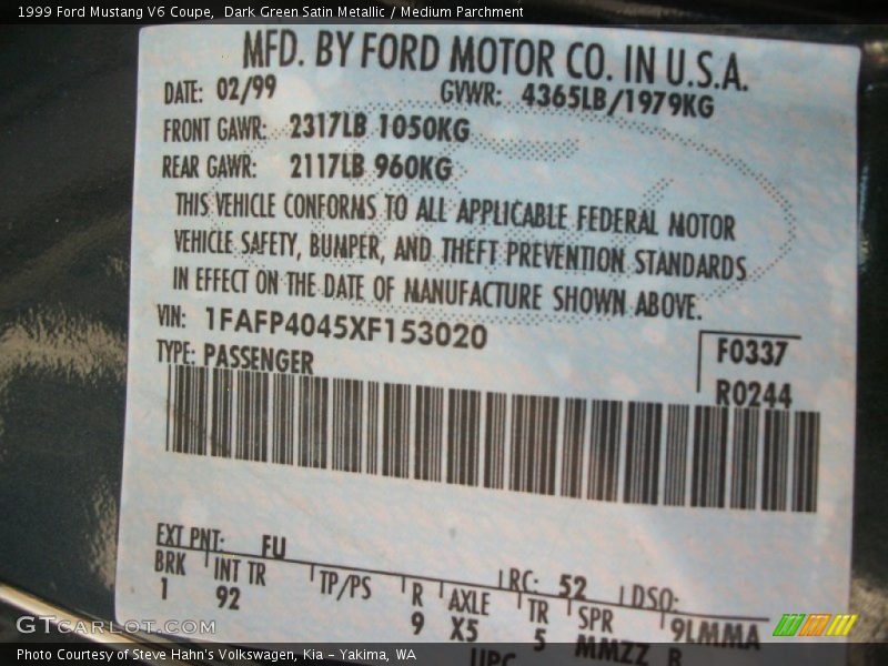 1999 Mustang V6 Coupe Dark Green Satin Metallic Color Code FU