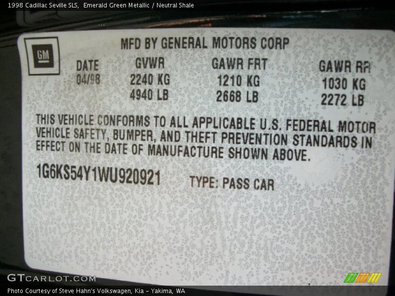 Info Tag of 1998 Seville SLS