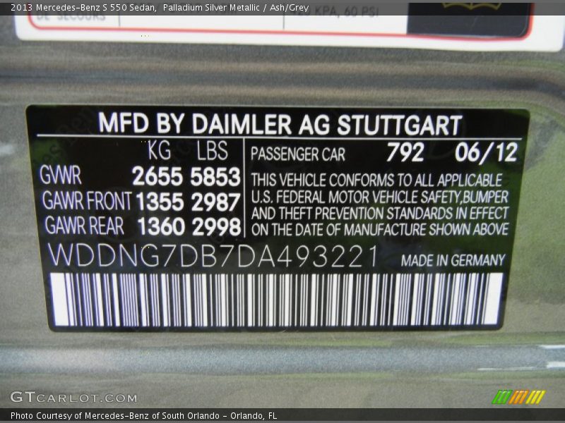 2013 S 550 Sedan Palladium Silver Metallic Color Code 792