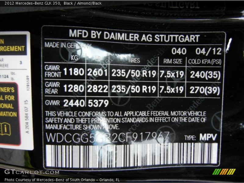 Black / Almond/Black 2012 Mercedes-Benz GLK 350