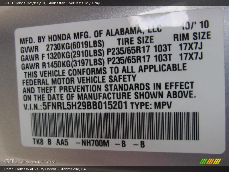 Alabaster Silver Metallic / Gray 2011 Honda Odyssey LX