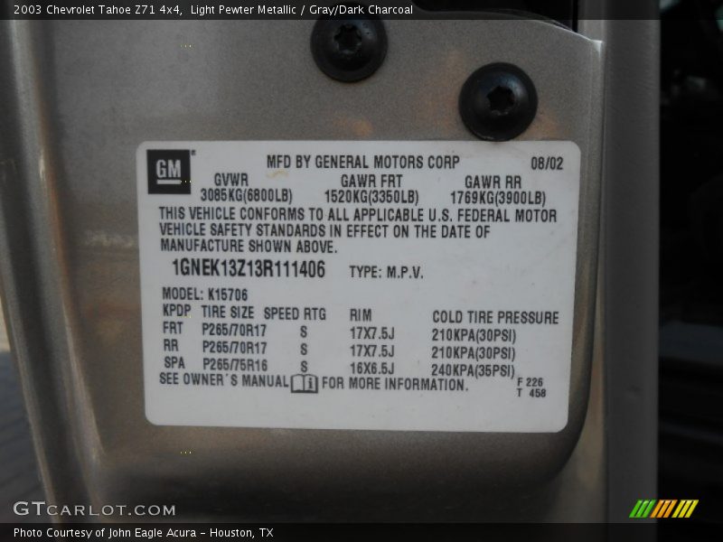 Light Pewter Metallic / Gray/Dark Charcoal 2003 Chevrolet Tahoe Z71 4x4