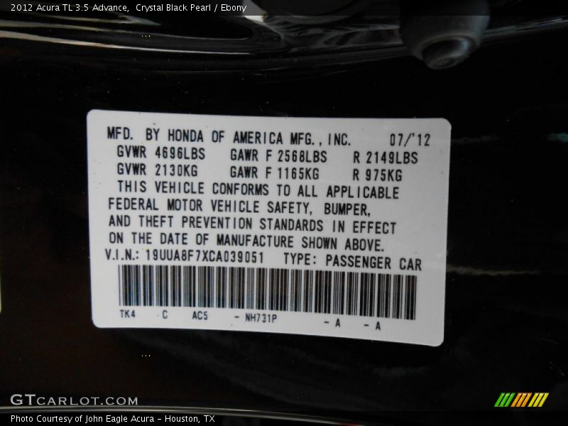 Crystal Black Pearl / Ebony 2012 Acura TL 3.5 Advance