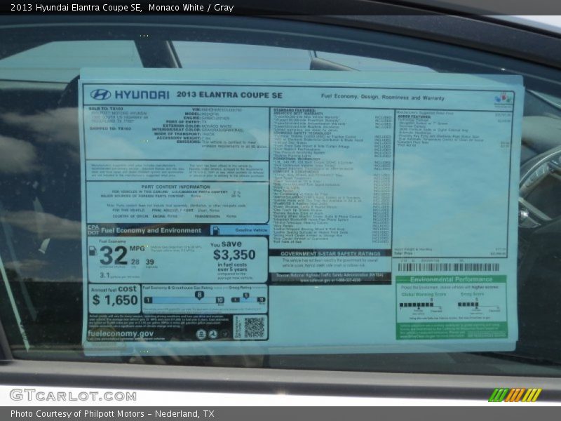 Monaco White / Gray 2013 Hyundai Elantra Coupe SE
