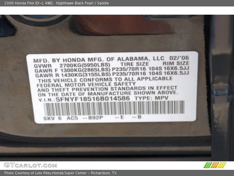 Nighthawk Black Pearl / Saddle 2006 Honda Pilot EX-L 4WD