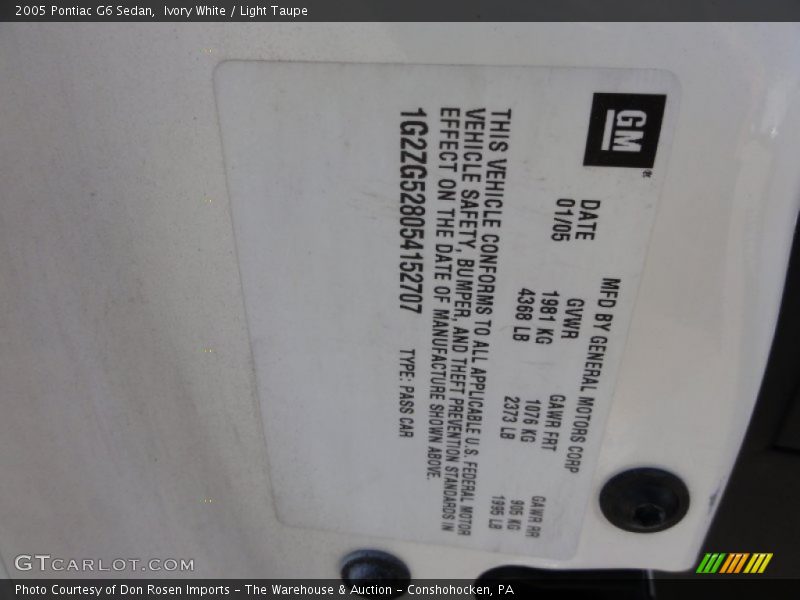 Ivory White / Light Taupe 2005 Pontiac G6 Sedan