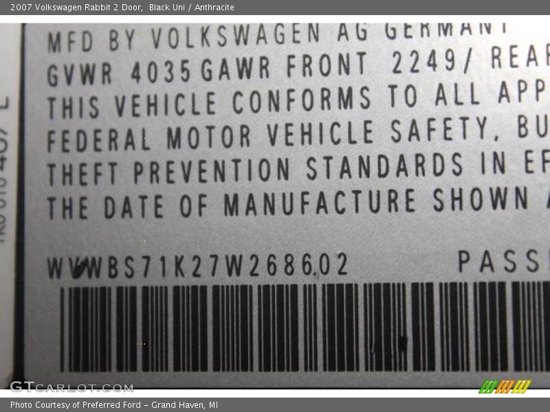 Black Uni / Anthracite 2007 Volkswagen Rabbit 2 Door