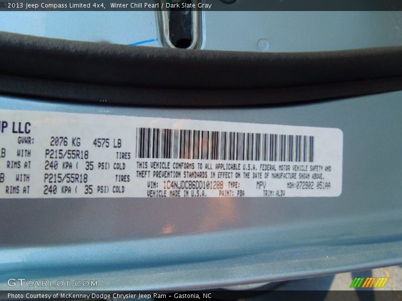 2013 Compass Limited 4x4 Winter Chill Pearl Color Code PBA