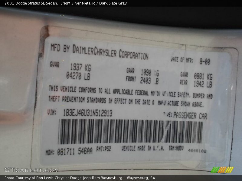 Bright Silver Metallic / Dark Slate Gray 2001 Dodge Stratus SE Sedan
