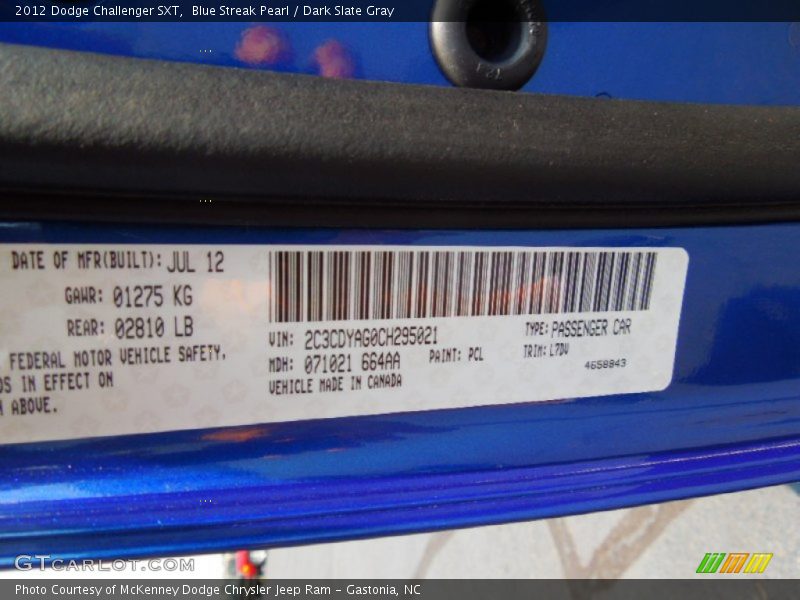 Blue Streak Pearl / Dark Slate Gray 2012 Dodge Challenger SXT