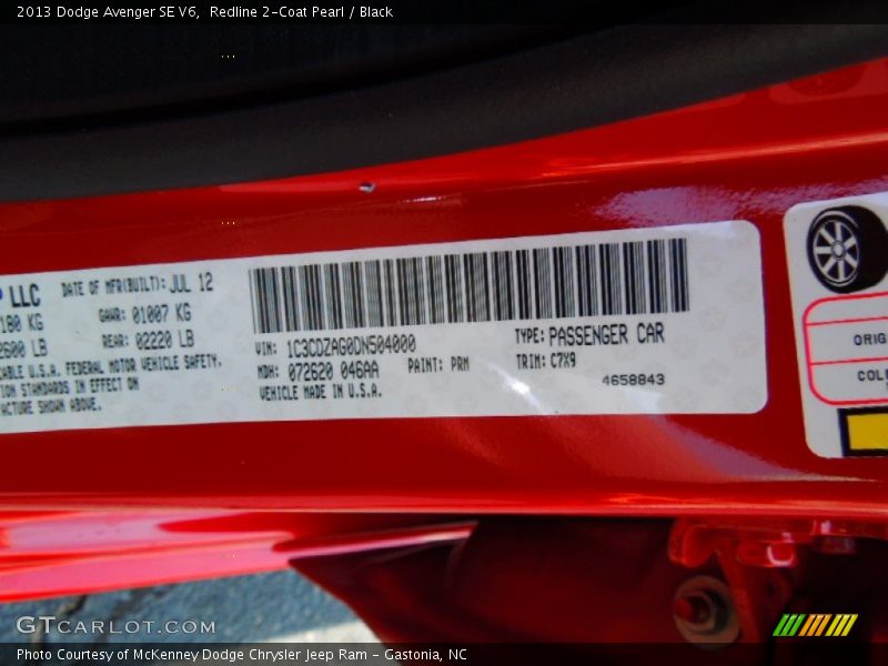 Redline 2-Coat Pearl / Black 2013 Dodge Avenger SE V6