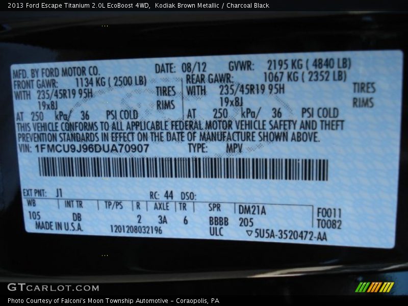 2013 Escape Titanium 2.0L EcoBoost 4WD Kodiak Brown Metallic Color Code J1