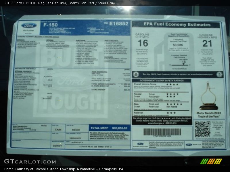  2012 F150 XL Regular Cab 4x4 Window Sticker