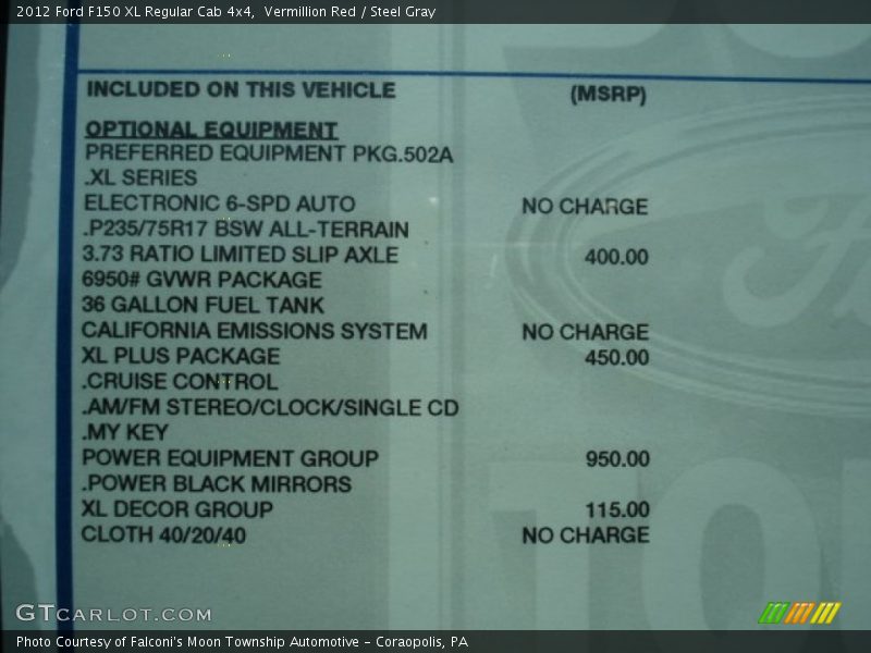  2012 F150 XL Regular Cab 4x4 Window Sticker
