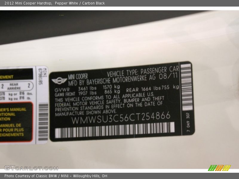 Pepper White / Carbon Black 2012 Mini Cooper Hardtop