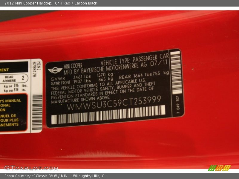 Chili Red / Carbon Black 2012 Mini Cooper Hardtop