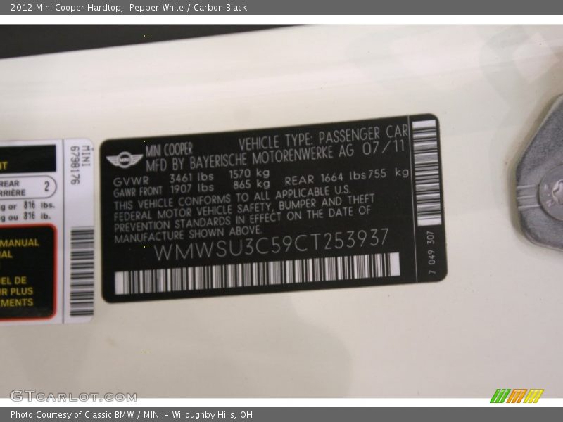 Pepper White / Carbon Black 2012 Mini Cooper Hardtop