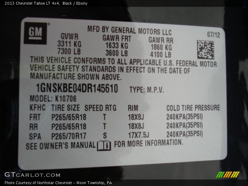 Info Tag of 2013 Tahoe LT 4x4